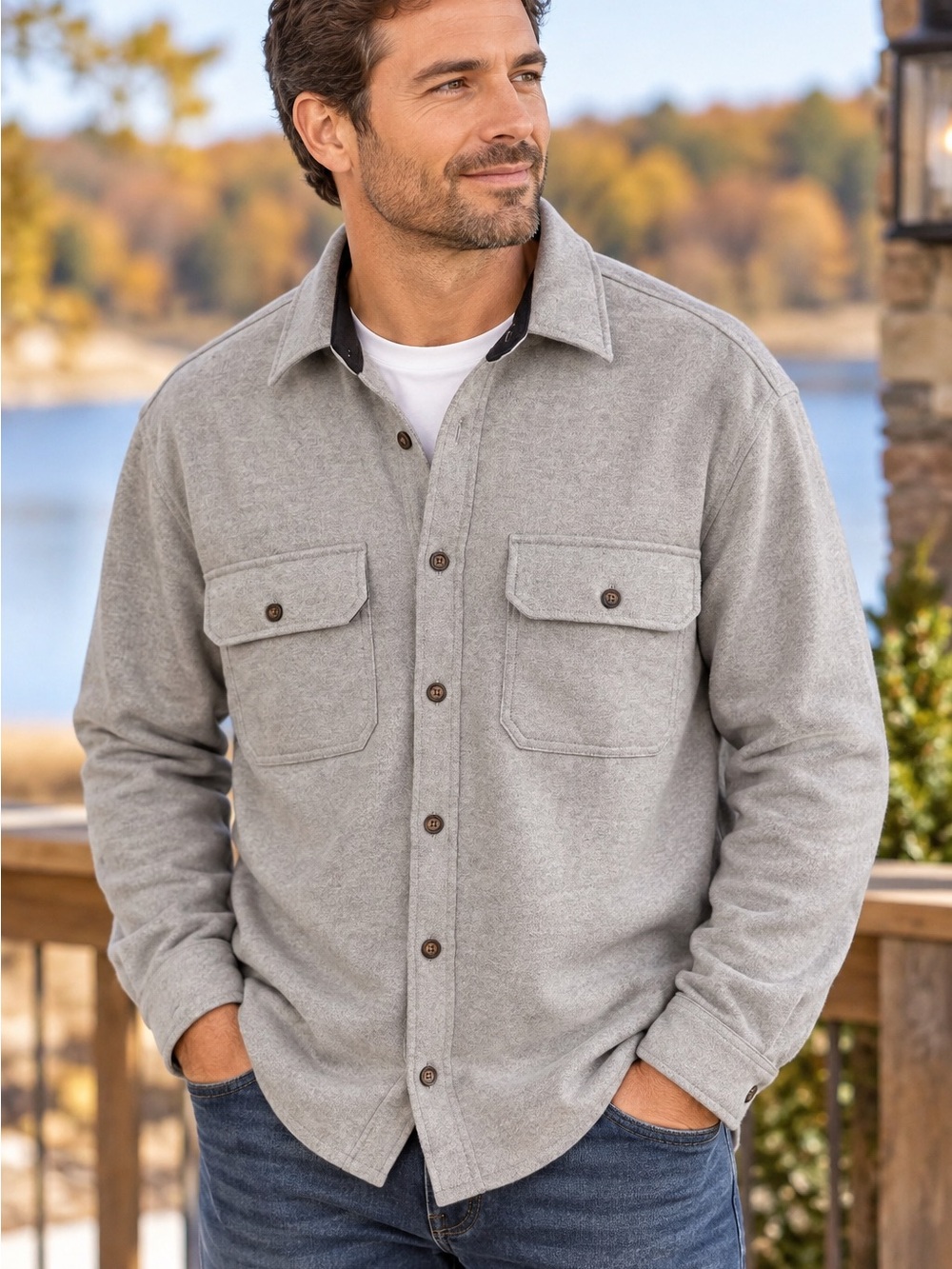 Men's Light Gray Lightweight Button-Front Shacket